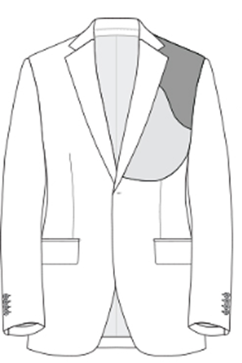 Illustration of a suit jacket highlighting an adhesive-bonded fused construction layer in the chest area with simple graphic style