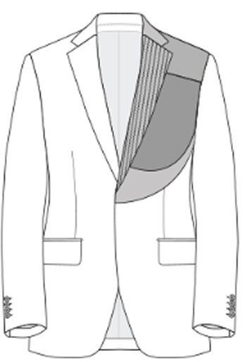Illustration of a suit jacket highlighting an upper half canvas layer stitched into the chest and lapel area with clean monochrome style