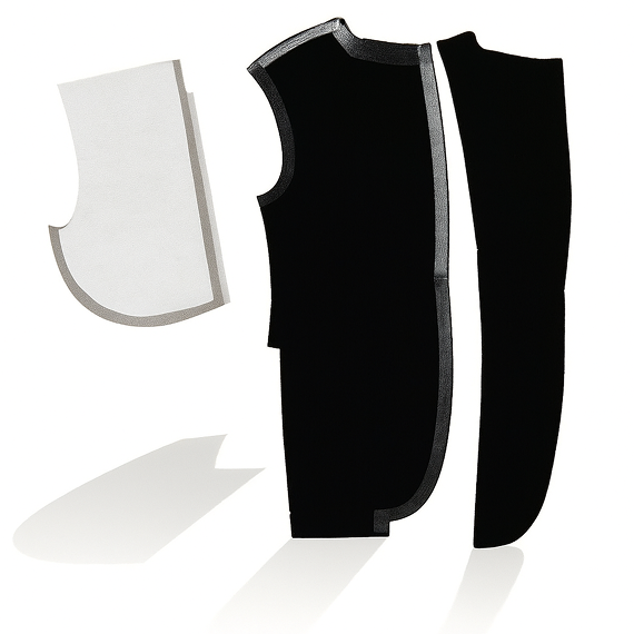 Stylized layered illustration of fused suit fabric pieces stacked with soft shadow, in neutral beige and gray tones on white background, minimalistic art