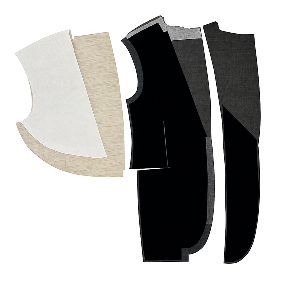 Layered illustration of half canvas suit fabric pieces with soft shadows on white background, focusing on breathable materials in varying neutral textures