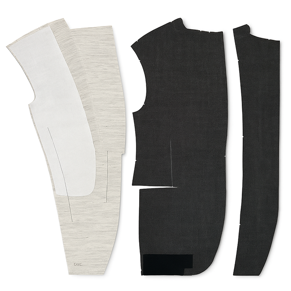 Elegant and detailed layered illustration of full canvas suit fabric pieces with beige and light gray textured textiles stacked, soft realistic shadows on white background